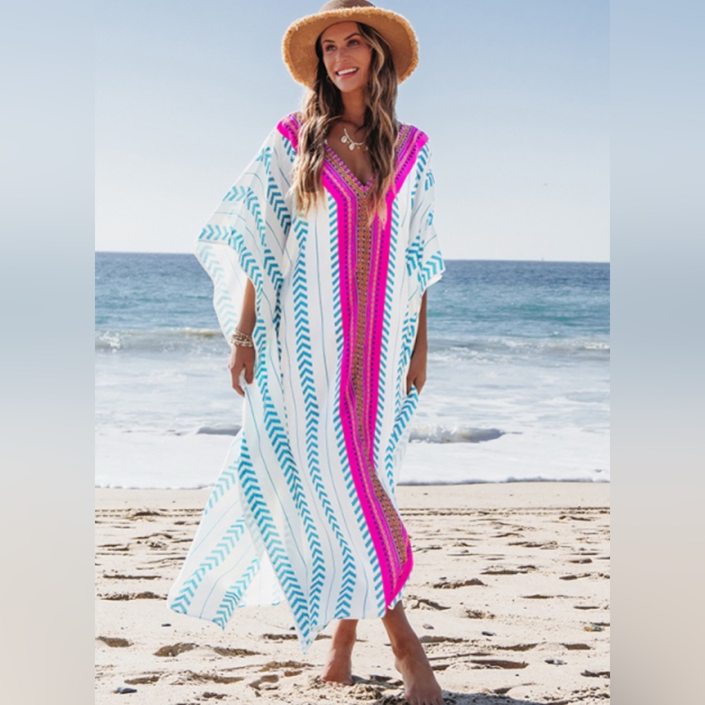 Hot Pink, Blue & White‎ Wavy Chevron Pattern Striped Sun Dress/ Coverup Size XL